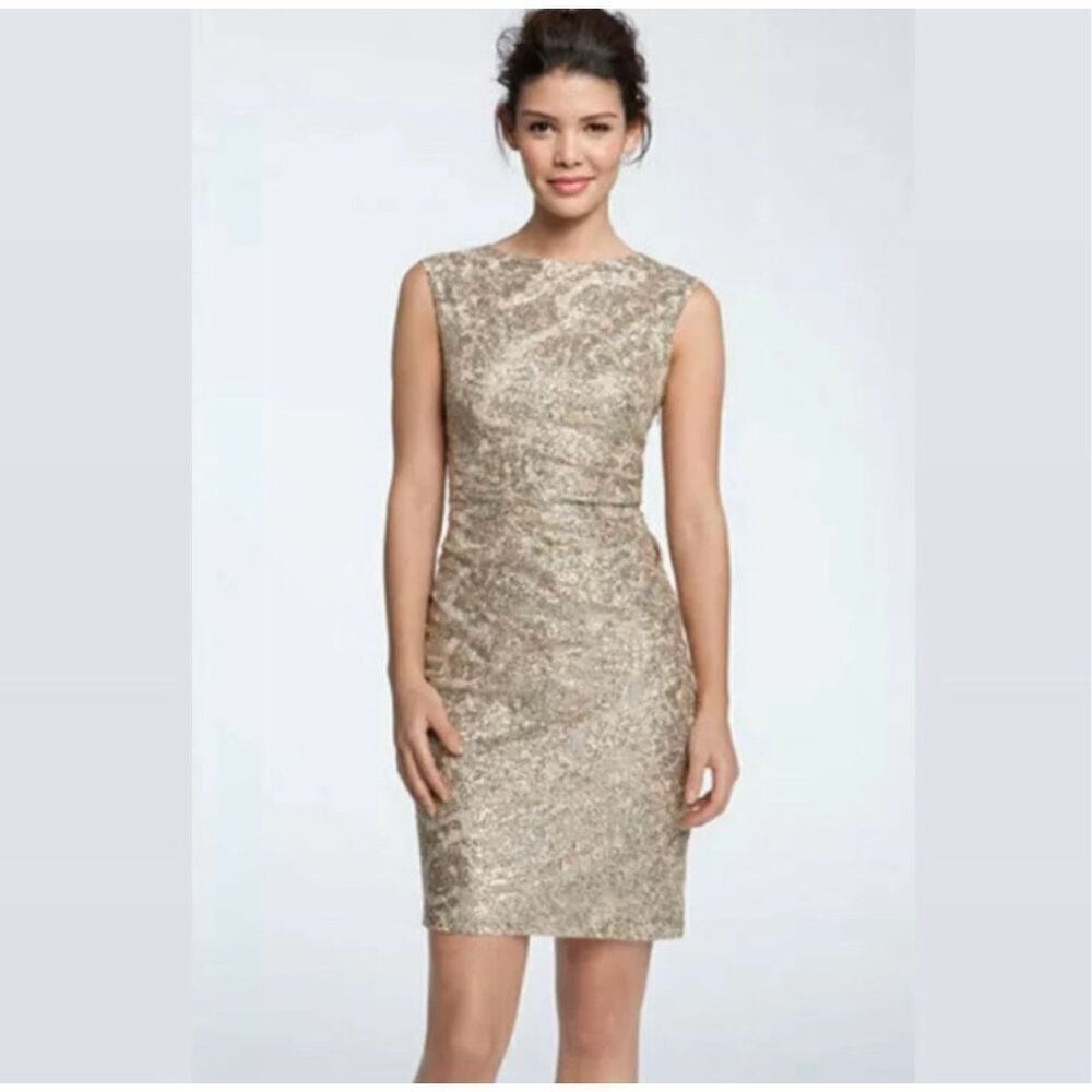David Meister Gold Cocktail Party Mini Dress Cut Out Back Sleeveless Boat Neck 8